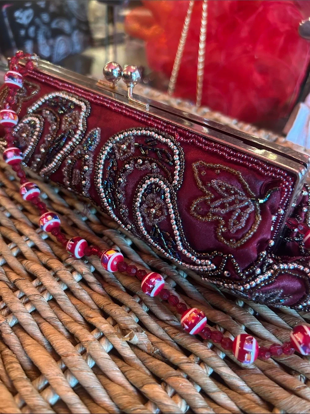 Embellished Beaded Clutch Bag – Red